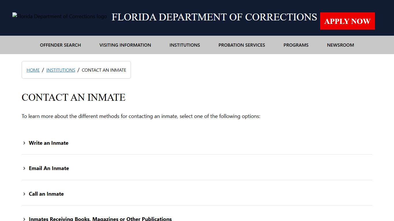 CONTACT AN INMATE / Institutions - Florida Department of Corrections