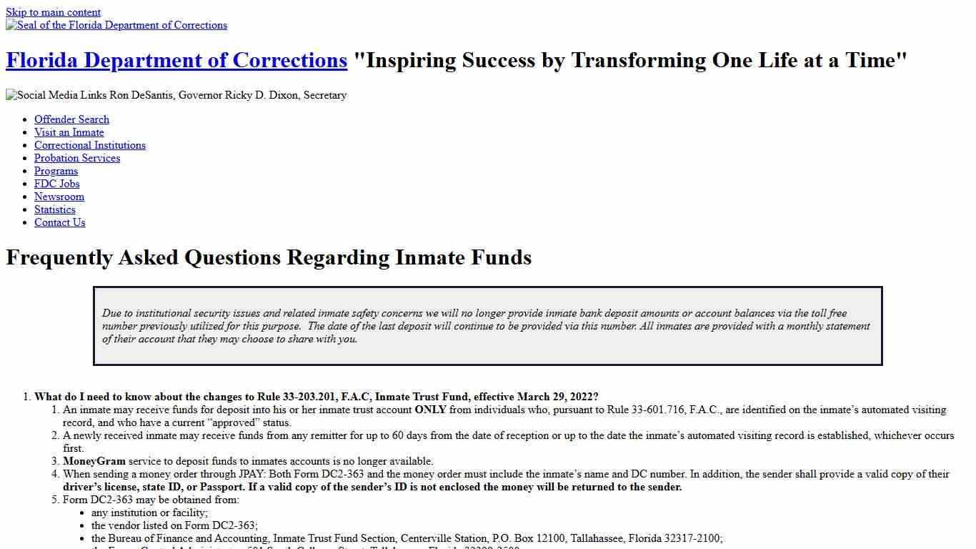 FAQ: Inmate Funds