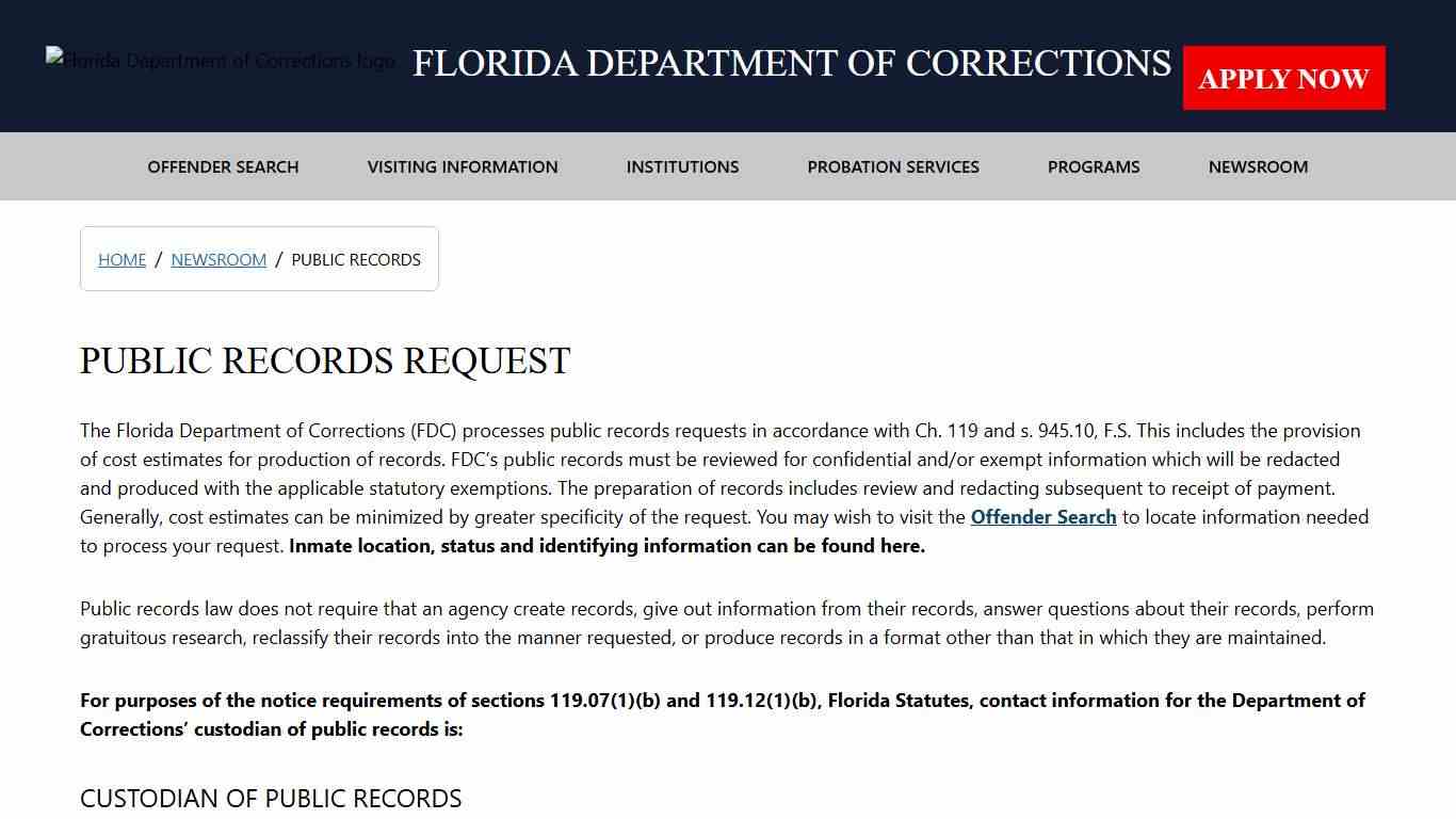 PUBLIC RECORDS / Newsroom - Florida Department of Corrections